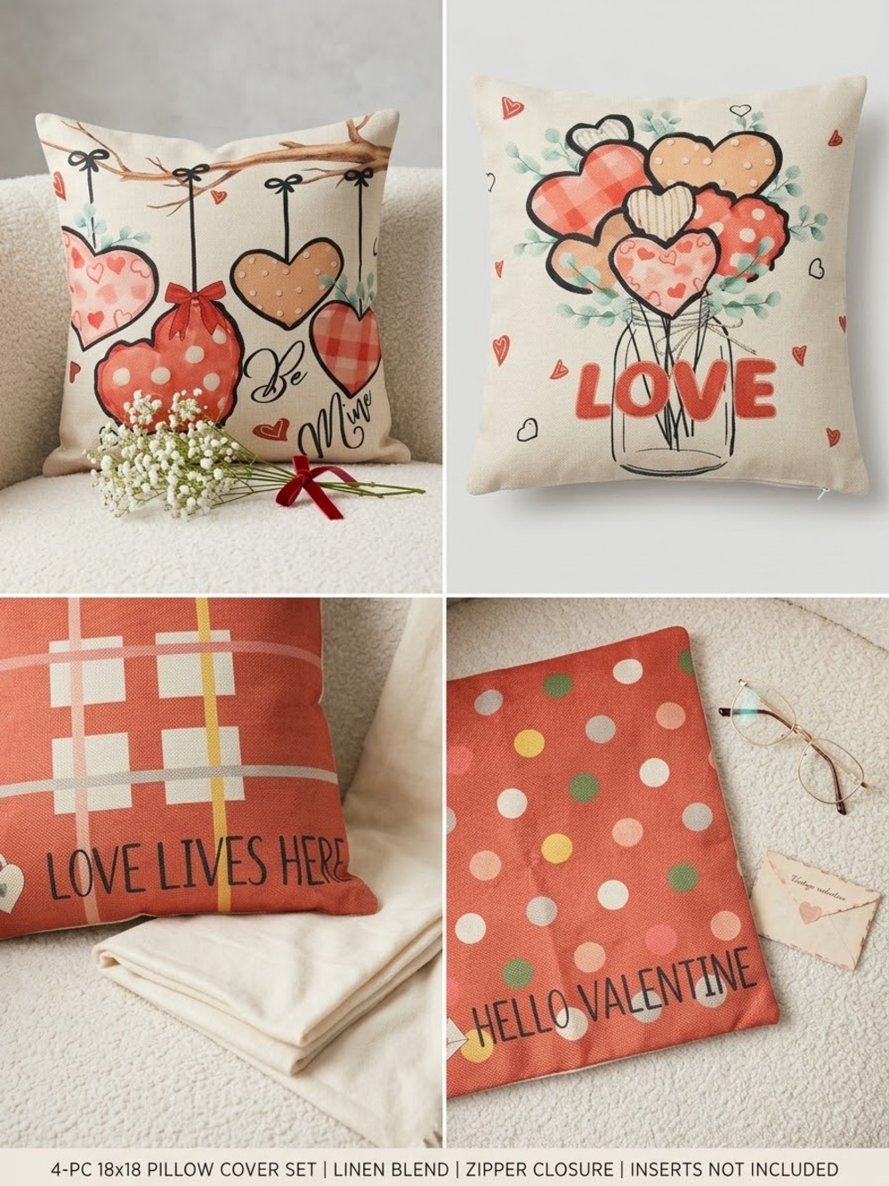 Valentine Heart Linen Pillow Cover Set - Coral Red
